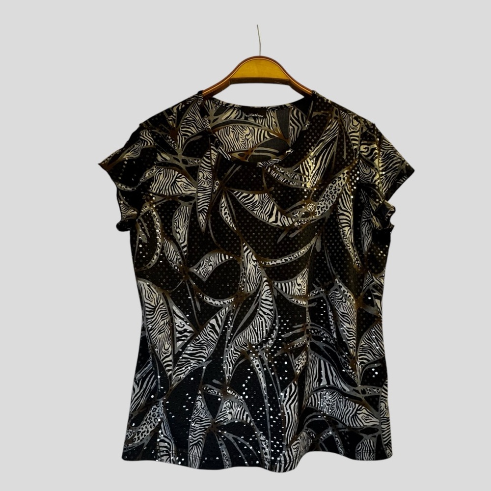Initiatives Women’s Blouse Size M Black Brown Animal Print Short Sleeves